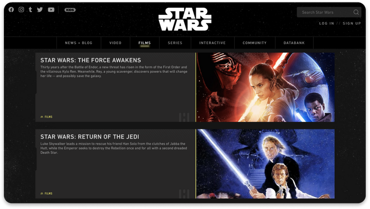 Disney.com and Starwars.com app screenshot